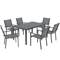 Outsunny Table de jardin extérieure avec 6 chaises empilables, plateau à lattes 150 cm, structure en acier anti-rouille, gris(m-1)