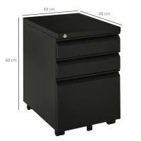 Vinsetto Gaveteiro móvel, 3 gavetas, 5 rodas, arquivo suspenso, trancável, aço, preto 39 x 48 x 60 cm(m-3)
