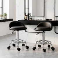 HOMCOM Lot de 2 tabouret à roulette pivotant 360°, assise réglable 47-62H cm, acier chromé revêtement synthétique noir(m-2)