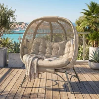 Outsunny Cadeira de Jardim para 2 Pessoas Dobrável Almofada Grande Estrutura de Aço Areia 126x90x142 cm(m-6)