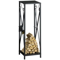 Outsunny Estante de Leña Metálico Leñero de Exterior con Ganchos Pala Cepillo Atizador y Tenazas Carga 65 kg 34x34x111 cm Negro(m-1)