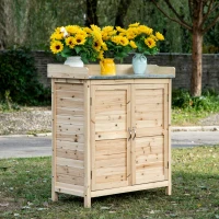 Outsunny Armário de jardim com 2 compartimentos, superfície de trabalho em metal com rebordo, Madeira natural, 83 x 40 x 92 cm(m-6)