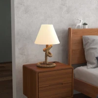 HOMCOM Lámpara de Mesa LED con Base de Metal Cuerda de Lino y Pantalla de Tela Max.40W Ø28x50 cm Marrón y Beige(m-10)