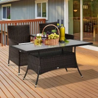 Outsunny Mesa de jardim Mesa de vidro Mesa de jantar Mobiliário de jardim, Polyrattan+Vidro de segurança, Castanho+Preto, 150x85x74cm(m-6)