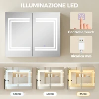 kleankin Mueble de Baño con Espejo Estantes Ajustables Interruptor Táctil y Color de Luz Ajustable 80x15x65 cm Blanco Brillante(m-4)