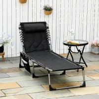 Outsunny espreguiçadeira, dobrável espreguiçadeira de jardim com almofada de cabeça, bolso lateral, espreguiçadeira com encosto regulável em 5 posições, espreguiçadeira de campismo resistente às intempéries até 130 kg, para jardim praia piscina, Preto(m-2)