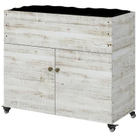 Outsunny Canteiro elevado com rodízios, compartimento com armário, forro interior, visual envelhecido, 110x50x95 cm, Branco(m-6)