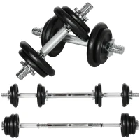 HOMCOM Haltere curto, Barra longa, 2 em 1, 20 kg, 8 discos, inoxidável, ferro, preto, 95 x 16 x 16Hcm(m-1)