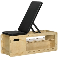 HOMCOM Banco de halteres com suporte para halteres, 1 cesta de armazenamento, ajustável em 6 posições, madeira maciça, Natural + Preto