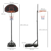 HOMCOM Aro de basquete, altura ajustável, base preenchível, alta estabilidade, preto, 131 x 49 x 195-250 cm(m-3)