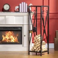 Outsunny Estante de Leña Metálico Leñero de Exterior con Ganchos Pala Cepillo Atizador y Tenazas Carga 65 kg 34x34x111 cm Negro(m-10)