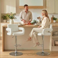 HOMCOM Bar Stools Adjustable Swivel Kitchen Chairs with Backrest Armrest Set of 2 PU Leather White(m-10)