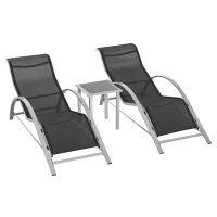 Outsunny Conjunto de espreguiçadeiras em metal com malha 3 peças. Espreguiçadeira com mesa lateral Conjunto de jardim com 2 espreguiçadeiras, 1 mesa lateral Conjunto de assentos para jardim, varanda 59B x 169T x 66H cm Preto+Prata(m-1)