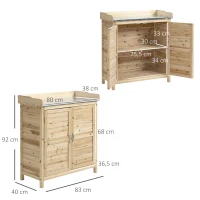 Outsunny Armário de jardim com 2 compartimentos, superfície de trabalho em metal com rebordo, Madeira natural, 83 x 40 x 92 cm(m-3)