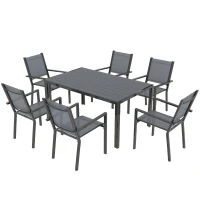 Outsunny Table de jardin extérieure avec 6 chaises empilables, plateau à lattes 150 cm, structure en acier anti-rouille, gris(m-12)