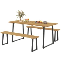 Outsunny Conjunto de Assentos 3 Peças em Madeira Conjunto de Jantar para 6 Pessoas Mesa com 2 Bancos Orifício para Guarda-sol Mesa de Madeira 178 x 76 x 77 cm Madeira Natural(m-6)