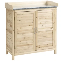 Outsunny Armário de jardim com 2 compartimentos, superfície de trabalho em metal com rebordo, Madeira natural, 83 x 40 x 92 cm(m-7)