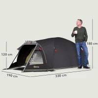 Outsunny Tenda de campismo para 2 pessoas leve, estável UV 50+ Tenda túnel com toldo, porta lateral&janela Preto(m-3)