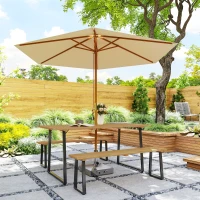 Outsunny Conjunto de Assentos 3 Peças em Madeira Conjunto de Jantar para 6 Pessoas Mesa com 2 Bancos Orifício para Guarda-sol Mesa de Madeira 178 x 76 x 77 cm Madeira Natural(m-4)