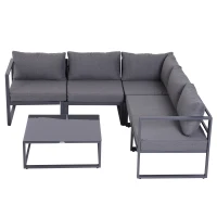 Outsunny Conjunto de Jardim 6 pçs Conjunto de Sofá Exterior Mobiliário de Jardim Alumínio + Poliéster + Vidro Temperado Cinza 4 x Poltronas 1 x Sofá de Canto 1 x Mesa de Apoio Almofadas para 4–5 Pessoas(m-6)