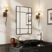 HOMCOM Miroir mural verrière rectangulaire style fenêtre, horizontal ou vertical avec 4 crochets, en métal noir - 90x60 cm(m-2)