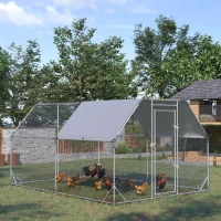 PawHut Gallinero para Exterior Grande 2,8x3,8x1,95 m Jaula de Gallinas de 2 Habitaciones Cubierta de Tela Oxford Anti-UV Plata(m-10)