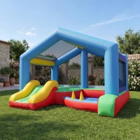 AIYAPLAY Château gonflable 4 en 1, aire de jeux avec souffleur, toboggan, piscine à balles, jeu de lancer d'anneaux, multicolore(m-2)
