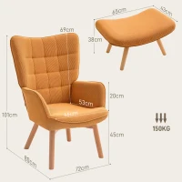 HOMCOM Poltrona de destaque com otoman, poltrona relax com visual cotelê, poltrona com braços e pés em madeira, para sala de estar, castanho(m-3)