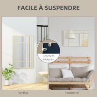 HOMCOM Miroir mural verrière rectangulaire style fenêtre, horizontal ou vertical avec 4 crochets, en métal doré - 90x60 cm(m-5)