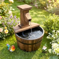 Outsunny Fonte elétrica para jardim ao ar livre com balde de madeira torneira bomba bacia decorativa fonte de ambiente jogo de água cascata para jardim relvado Ø27 x 37 cm carbonizada(m-4)