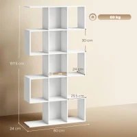 HOMCOM 5-Tier Bookshelf, S Shaped Geometric Bookcase with 15 Compartments, White Wood Effect(m-3)