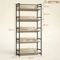 HOMCOM Bookshelf 5-Tier Metal Frame Bookcase Storage Shelves for Living Room Oak(m-3)