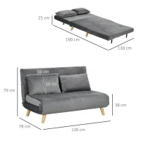 HOMCOM Sofá-cama Relax, incluí 2 almofadas, acabamento aveludado, 130 x 78 x 79 cm, Cinza(m-3)