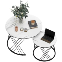 HOMCOM Conjunto de Mesas de Centro 2 peças Efeito Mármore Aglomerado Metal Mesas de Café Redondas para Sala de Estar Encaixáveis Branco(m-6)