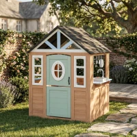 AIYAPLAY Cabane enfant extérieur en bois, maison enfant extérieure avec chatière, cuisine de jeu, porte et fenêtres, bois naturel(m-2)