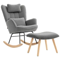 HOMCOM Cadeira de balanço com pufe, revestimento macio em fleece, pés de madeira, almofada, encosto alto, poltrona de balanço, Cinza escuro(m-6)