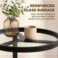HOMCOM Round Side Table with Tempered Glass Top and Geometric Metal Frame for Small Space, Black(m-5)