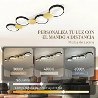 HOMCOM Lámpara de Techo Regulable con 4 Focos Mando a Distancia Modos de Escena 1500 lm 38 W 3000 K-6500 K Negro y Dorado(m-5)