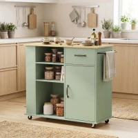 HOMCOM Desserte de cuisine à roulettes, îlot central cuisine avec tiroir, porte, compartiments ouverts et porte-épices, vert(m-11)