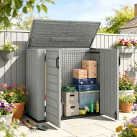 Outsunny Cobertizo de Jardín de HDPE 940L con Tapa Abatible 2 Puertas Cerradura Cobertizo de Jardín 142x67x119 cm Gris Claro(m-10)