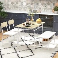 HOMCOM Conjunto de mesa de jantar de 4 peças com cadeiras e banco para 4 pessoas, assentos estofados, estrutura em aço, madeira, Carvalho(m-6)