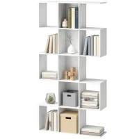 HOMCOM 5-Tier Bookshelf, S Shaped Geometric Bookcase with 15 Compartments, White Wood Effect(m-11)