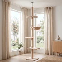 PawHut Árbol para Gatos de Suelo a Techo de 230-260 cm con Altura Ajustable Plataformas Hamaca y Postes de Sisal Beige(m-10)