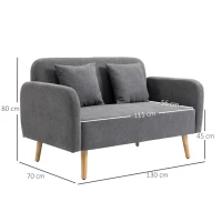 HOMCOM Sofá 2 lugares com 2 almofadas decorativas, Loveseat compacto estofado em veludo moderno para sala de estar, quarto, espaços pequenos, Cinza 130 x 70 x 80 cm(m-3)