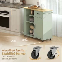 HOMCOM Desserte de cuisine à roulettes, îlot central cuisine avec tiroir, porte, compartiments ouverts et porte-épices, vert(m-6)