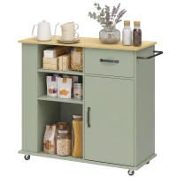 HOMCOM Desserte de cuisine à roulettes, îlot central cuisine avec tiroir, porte, compartiments ouverts et porte-épices, vert(m-13)