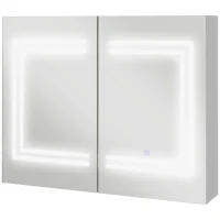 kleankin Armário Casa de Banho com Espelho e Luz LED Interruptor Tátil e Cor da Luz Ajustável 80x15x65 cm Branco Brilhante(m-11)
