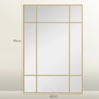 HOMCOM Miroir mural verrière rectangulaire style fenêtre, horizontal ou vertical avec 4 crochets, en métal doré - 90x60 cm(m-3)