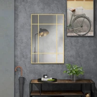 HOMCOM Miroir mural verrière rectangulaire style fenêtre, horizontal ou vertical avec 4 crochets, en métal doré - 90x60 cm(m-2)