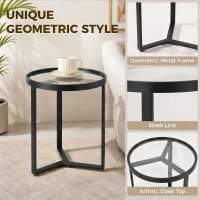 HOMCOM Round Side Table with Tempered Glass Top and Geometric Metal Frame for Small Space, Black(m-4)